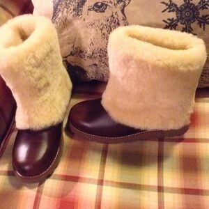 UGG Brown Leather and Cream Shearling Ankle Boots